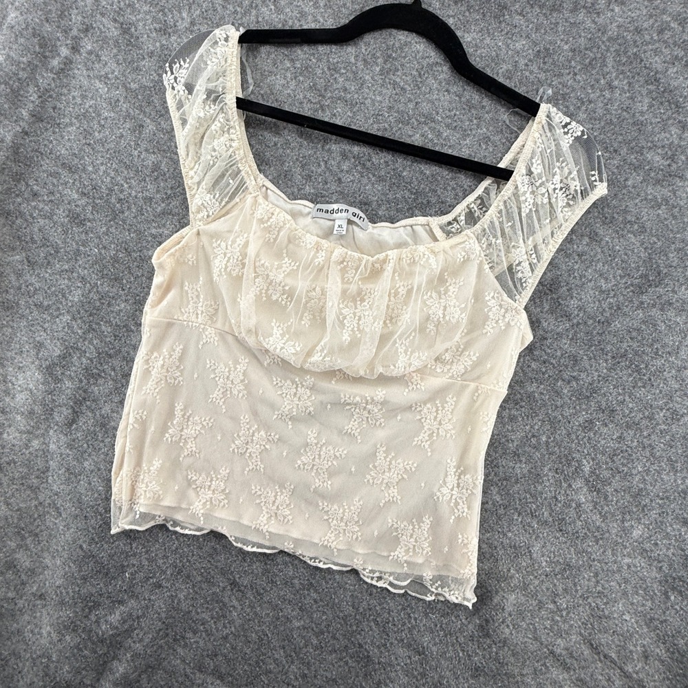 Madden Girl Lace‎ Mesh Top Womens XL Cream Floral Ruffle Cap Sleeve Coquette